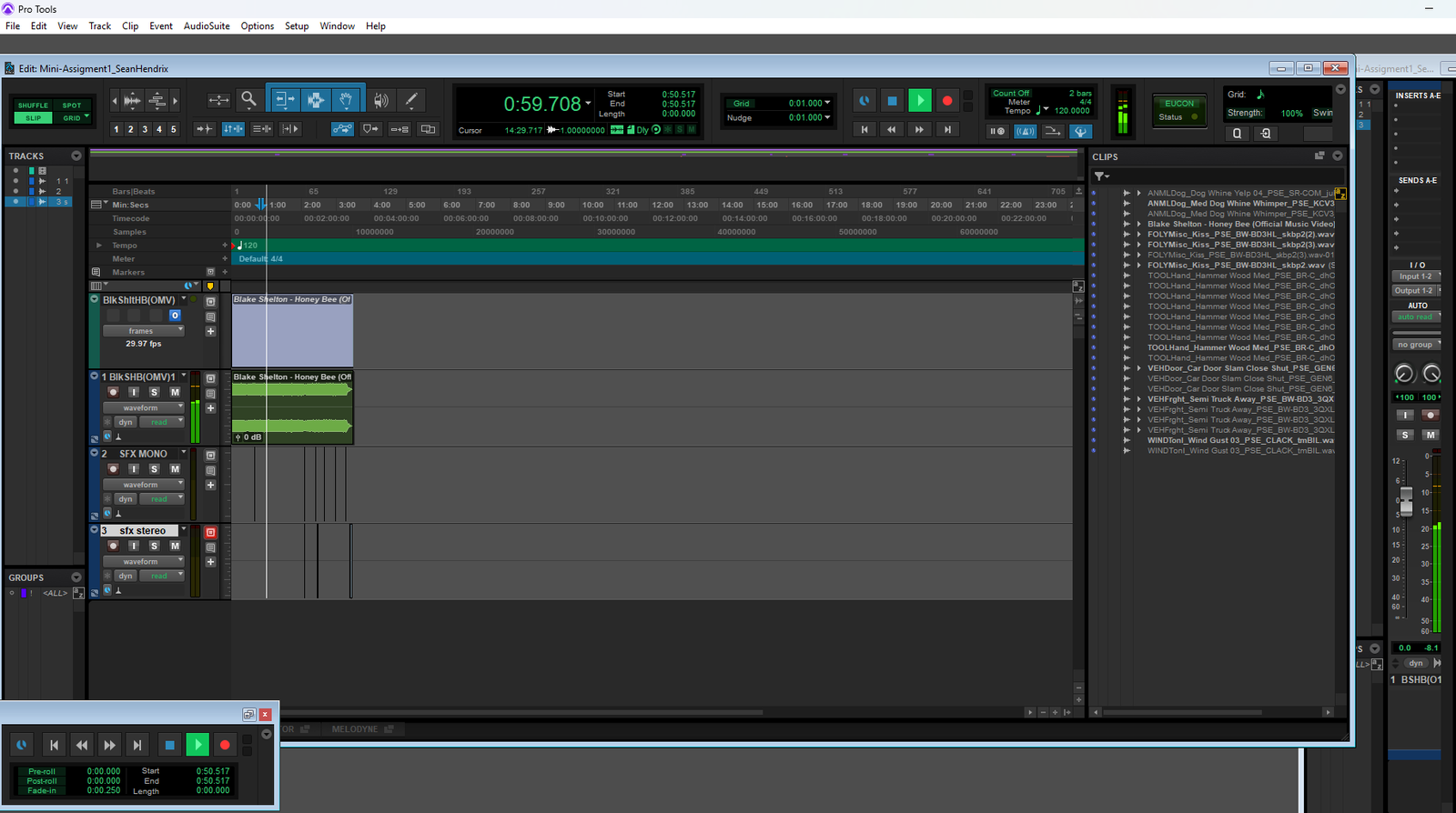 Pro Tools session window for Mini Project 1, screenshot 1 of 1, showing the track layout and edit density.