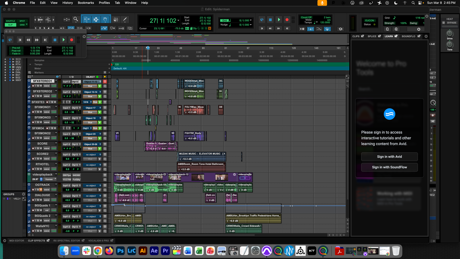 Pro Tools session window for Spider-Man 2, screenshot 1 of 1, showing the track layout and edit density.