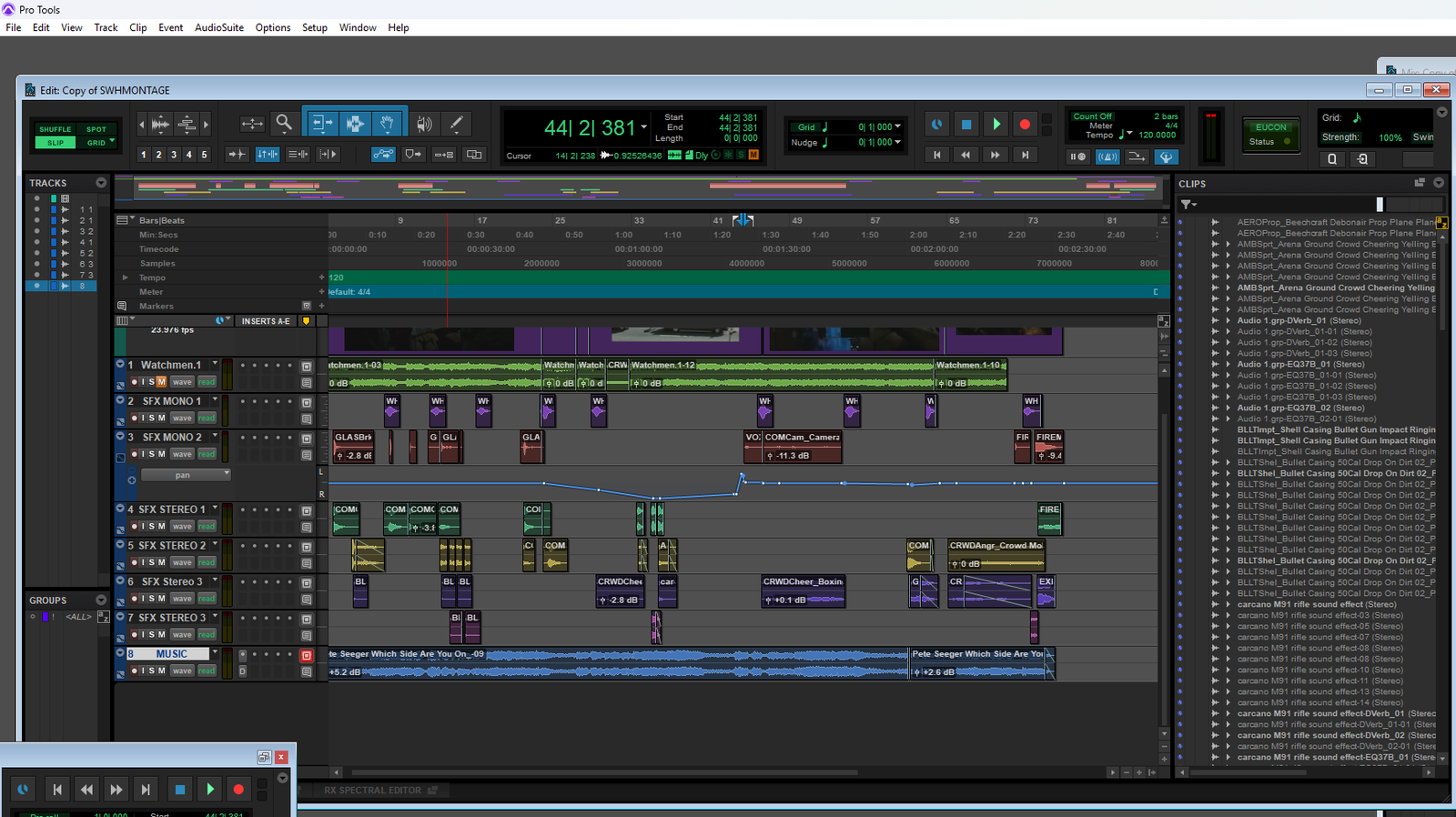 Pro Tools session window for Watchmen Opening, screenshot 1 of 1, showing the track layout and edit density.